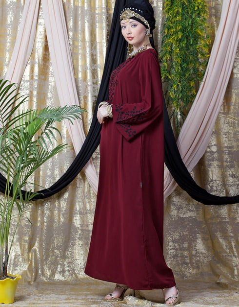 Modern embroidered Butterfly Sleeve Party Abaya Maroon
