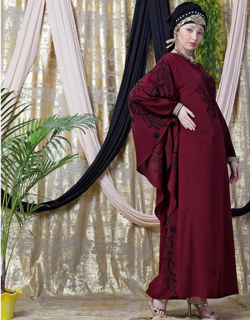 Modern embroidered Butterfly Sleeve Party Abaya Maroon