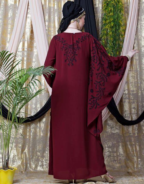 Modern embroidered Butterfly Sleeve Party Abaya Maroon