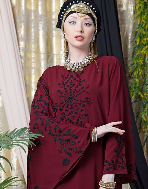 Modern embroidered Butterfly Sleeve Party Abaya Maroon