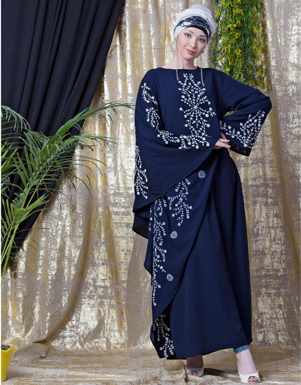Muslim embroidered Butterfly Sleeve Party Abaya Navy Blue