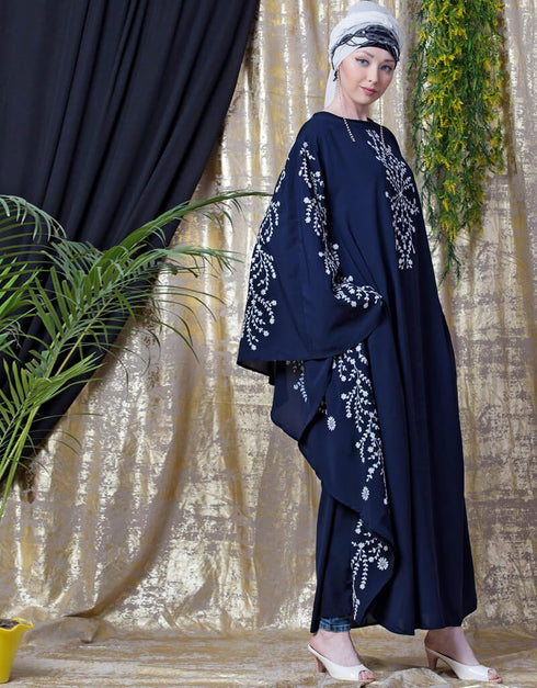 Muslim embroidered Butterfly Sleeve Party Abaya Navy Blue