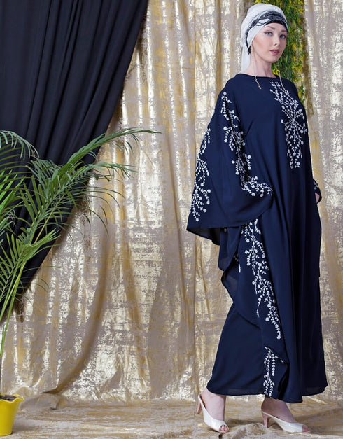 Muslim embroidered Butterfly Sleeve Party Abaya Navy Blue