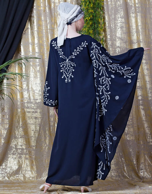 Muslim embroidered Butterfly Sleeve Party Abaya Navy Blue