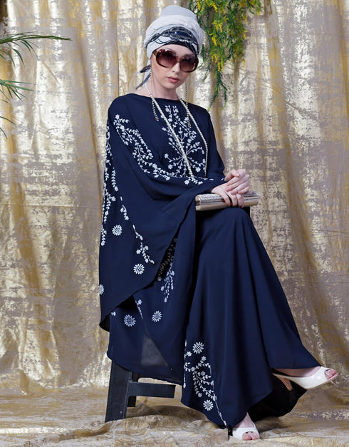 Muslim embroidered Butterfly Sleeve Party Abaya Navy Blue