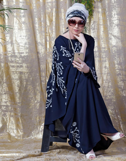 Muslim embroidered Butterfly Sleeve Party Abaya Navy Blue