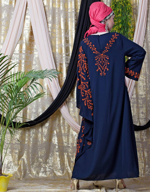 Modest embroidered Butterfly Sleeve Party Abaya Navy Blue