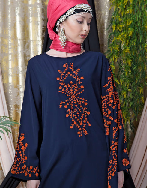 Modest embroidered Butterfly Sleeve Party Abaya Navy Blue