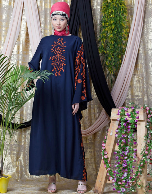 Modest embroidered Butterfly Sleeve Party Abaya Navy Blue