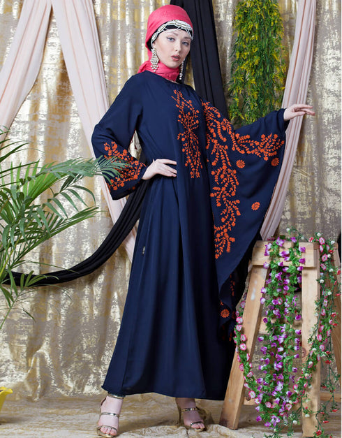 Modest embroidered Butterfly Sleeve Party Abaya Navy Blue