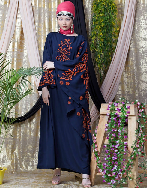 Modest embroidered Butterfly Sleeve Party Abaya Navy Blue