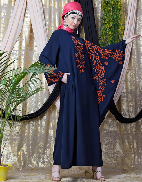 Modest embroidered Butterfly Sleeve Party Abaya Navy Blue
