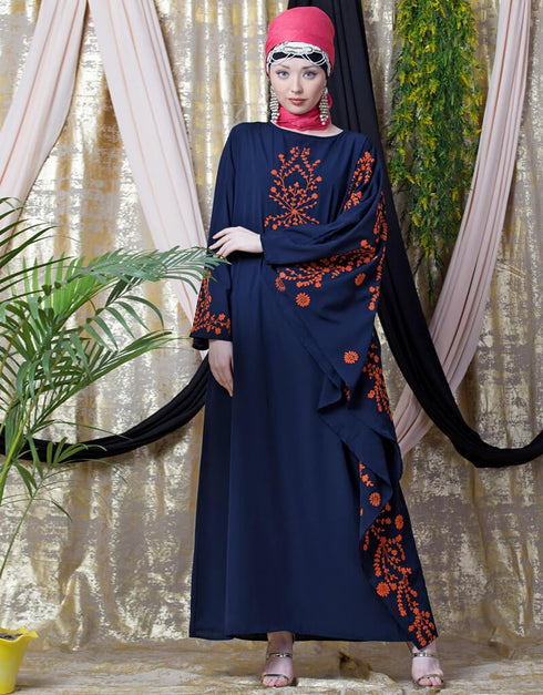 Modest embroidered Butterfly Sleeve Party Abaya Navy Blue