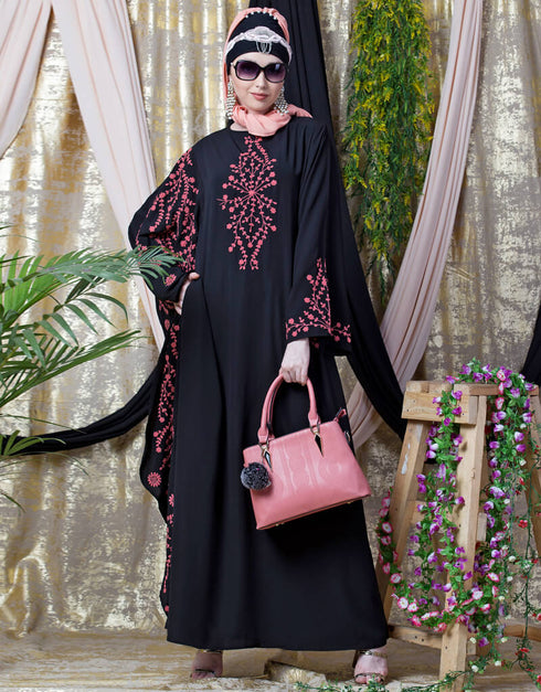 Islamic embroidered Butterfly Sleeve Party Abaya Coral