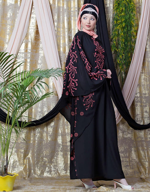 Islamic embroidered Butterfly Sleeve Party Abaya Coral