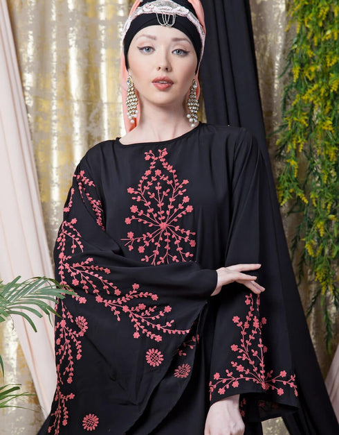 Islamic embroidered Butterfly Sleeve Party Abaya Coral