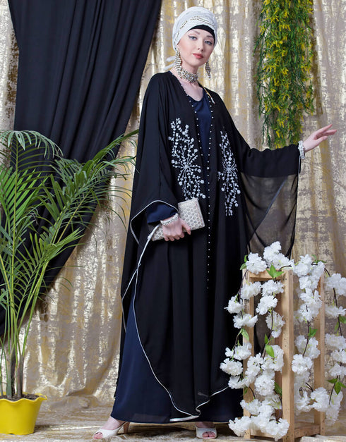 Women Embroidered butterfly upper with inner abaya cum Kaftan Navy Blue