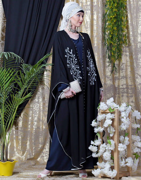 Women Embroidered butterfly upper with inner abaya cum Kaftan Navy Blue