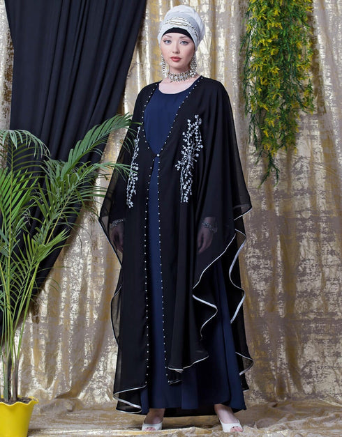 Women Embroidered butterfly upper with inner abaya cum Kaftan Navy Blue