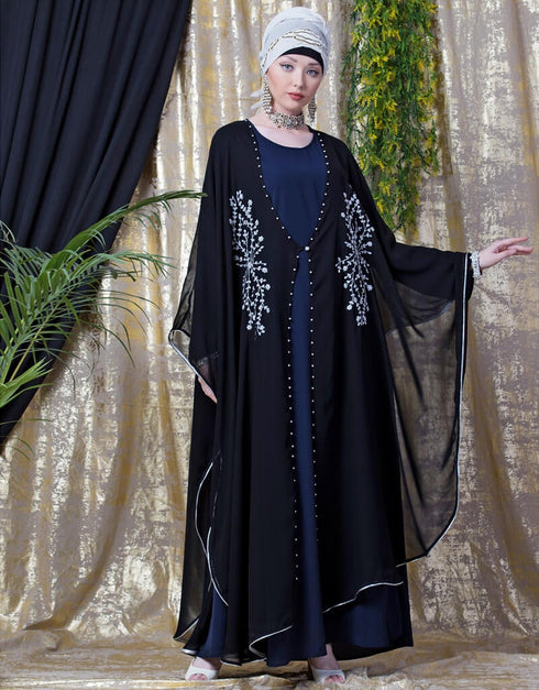 Women Embroidered butterfly upper with inner abaya cum Kaftan Navy Blue