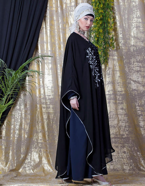 Women Embroidered butterfly upper with inner abaya cum Kaftan Navy Blue