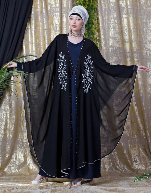 Women Embroidered butterfly upper with inner abaya cum Kaftan Navy Blue