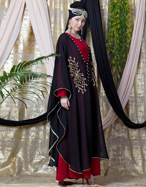 Muslimah Embroidered butterfly upper with inner abaya cum Kaftan Red