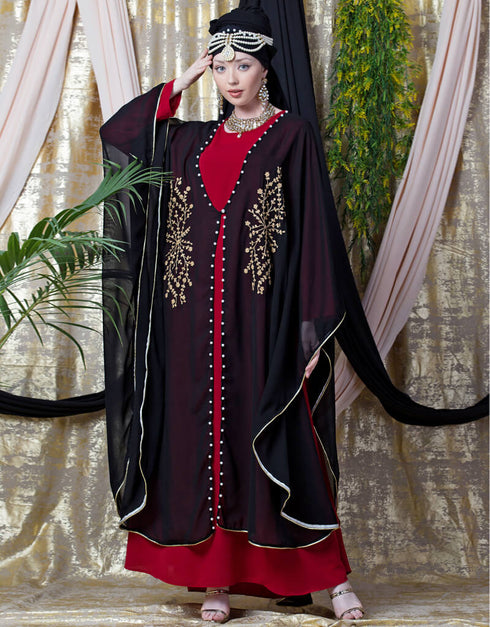Muslimah Embroidered butterfly upper with inner abaya cum Kaftan Red