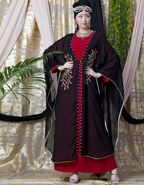 Muslimah Embroidered butterfly upper with inner abaya cum Kaftan Red