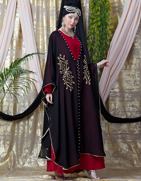 Muslimah Embroidered butterfly upper with inner abaya cum Kaftan Red