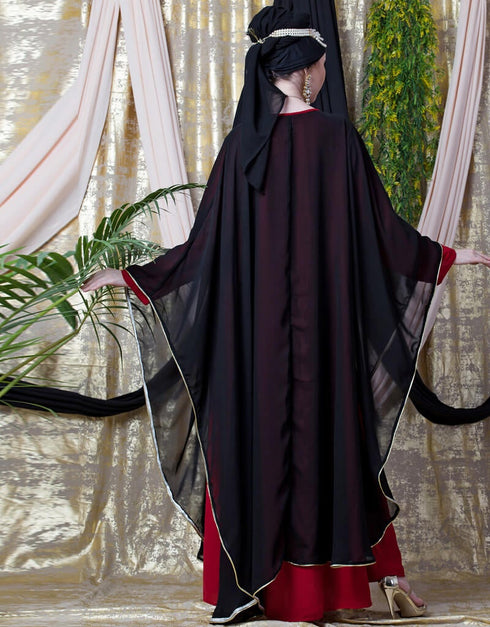Muslimah Embroidered butterfly upper with inner abaya cum Kaftan Red