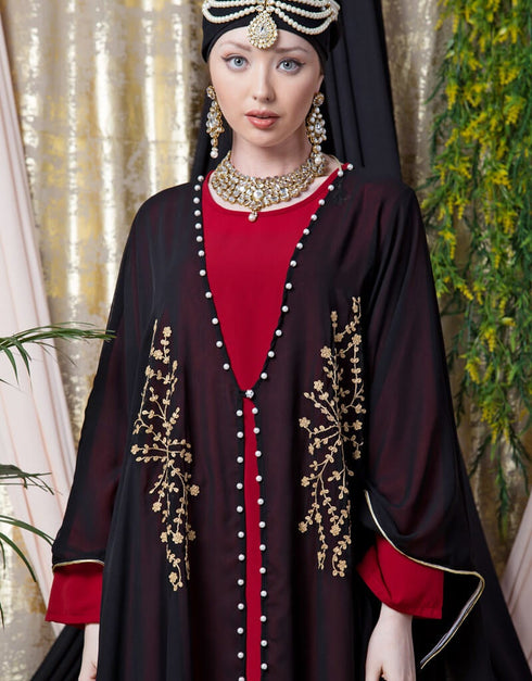 Muslimah Embroidered butterfly upper with inner abaya cum Kaftan Red