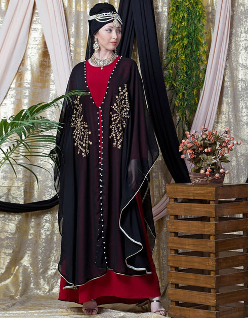 Muslimah Embroidered butterfly upper with inner abaya cum Kaftan Red