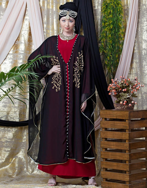 Muslimah Embroidered butterfly upper with inner abaya cum Kaftan Red