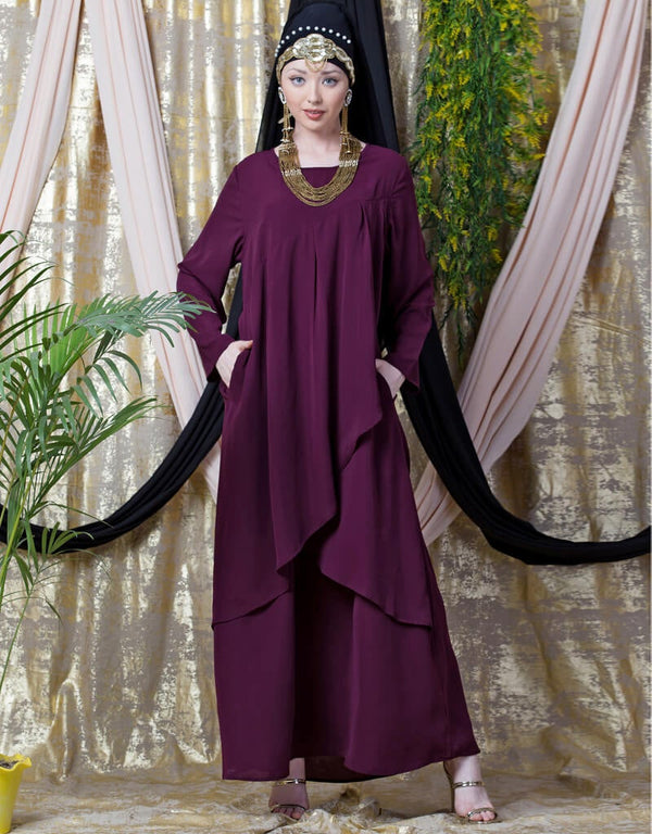 Chic Overlapped panel casual Abaya Wine