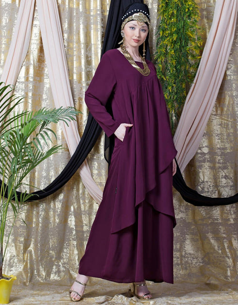 Chic Overlapped panel casual Abaya Wine