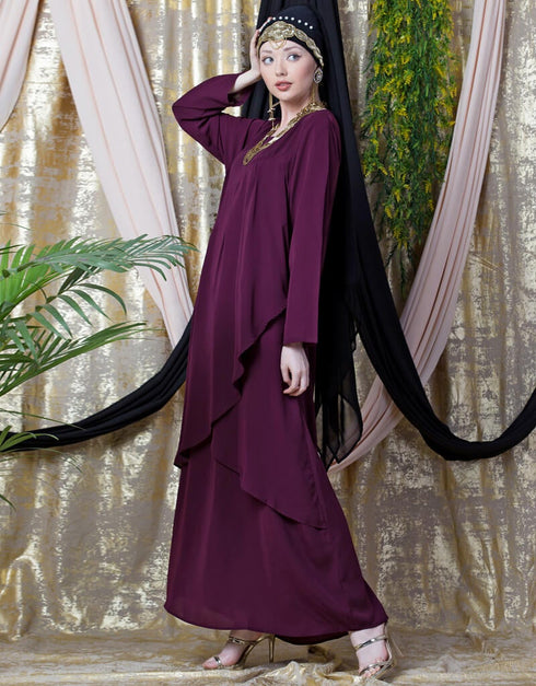 Chic Overlapped panel casual Abaya Wine