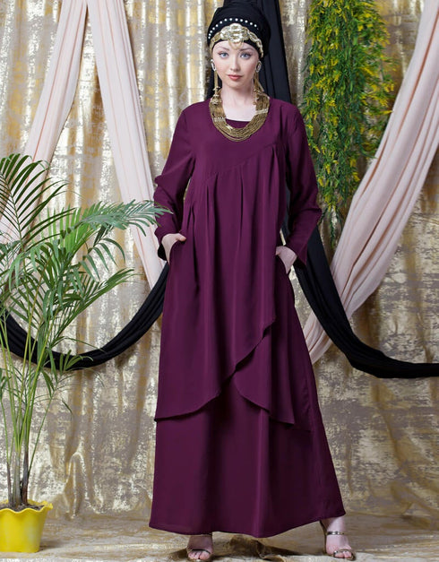 Chic Overlapped panel casual Abaya Wine