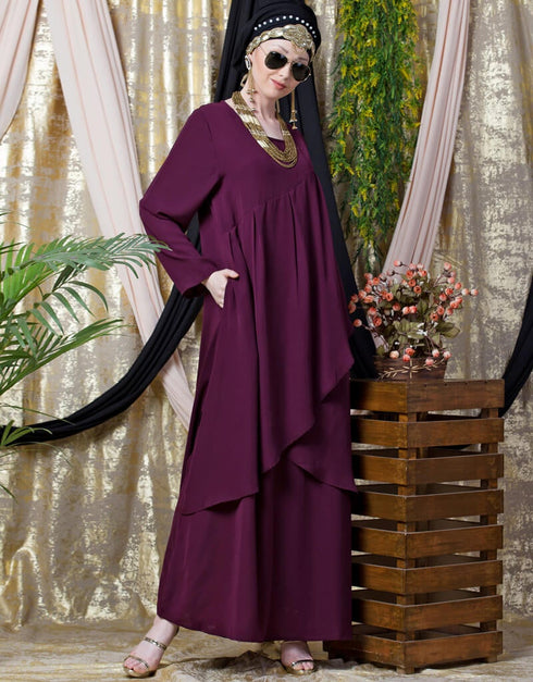 Chic Overlapped panel casual Abaya Wine