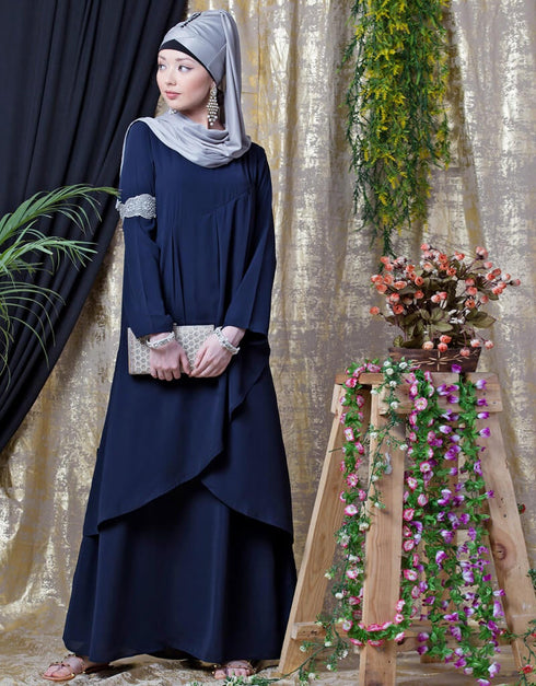 Trendy Overlapped panel casual Abaya Navy Blue