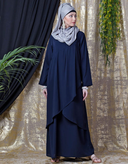 Trendy Overlapped panel casual Abaya Navy Blue
