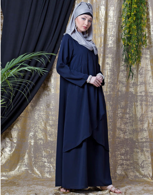 Trendy Overlapped panel casual Abaya Navy Blue