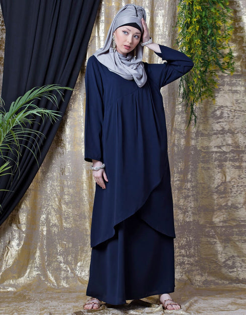 Trendy Overlapped panel casual Abaya Navy Blue