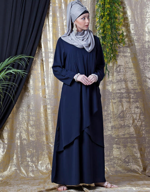Trendy Overlapped panel casual Abaya Navy Blue