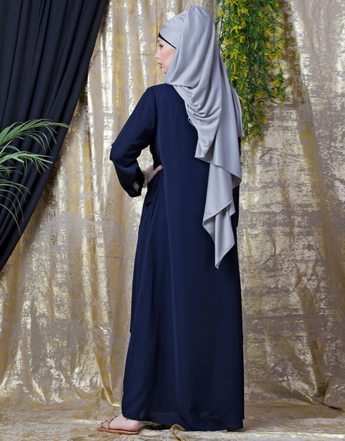 Trendy Overlapped panel casual Abaya Navy Blue