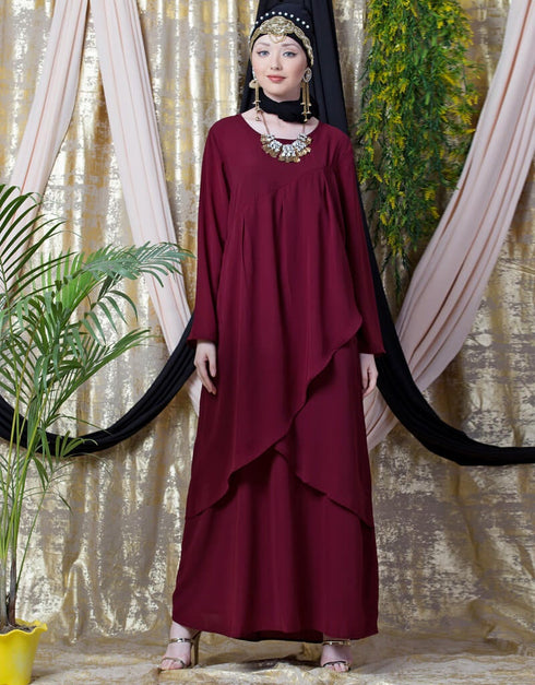 Modern Overlapped panel casual Abaya Maroon