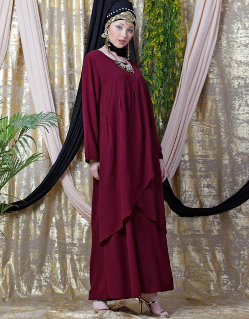 Modern Overlapped panel casual Abaya Maroon