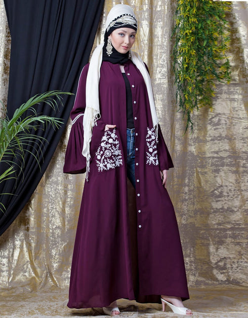 Dubai Embroidered Pocket Bell Sleeve casual Abaya Wine