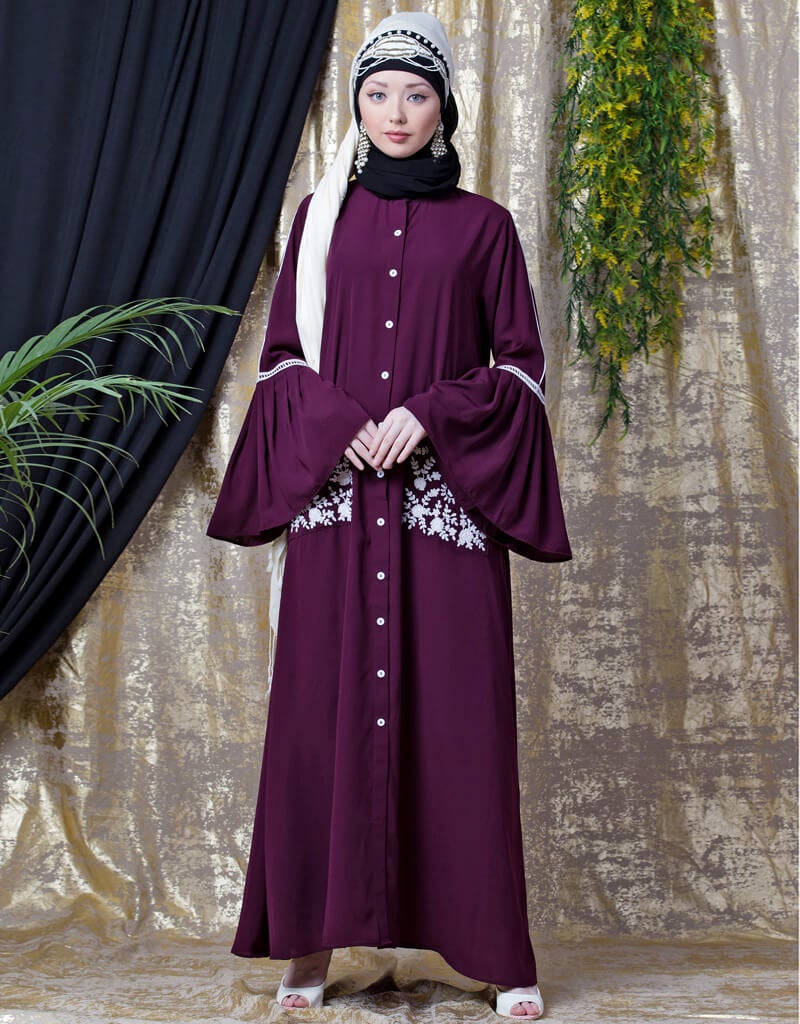 Modern embellishment at chest and sleeve A line Nida Abaya Wine