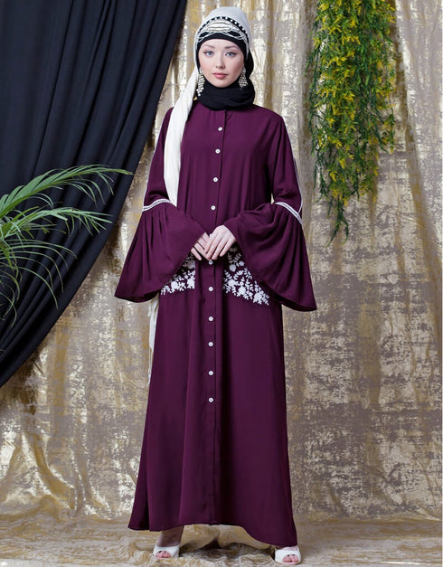 Dubai Embroidered Pocket Bell Sleeve casual Abaya Wine